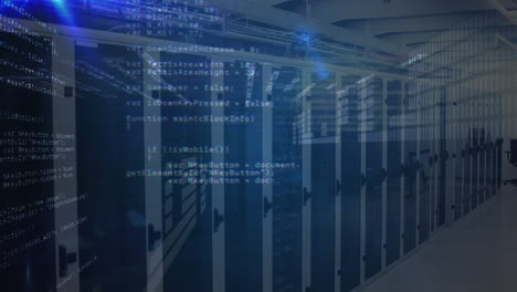 animation of computer language, graphs and loading bars over lens flares against server room