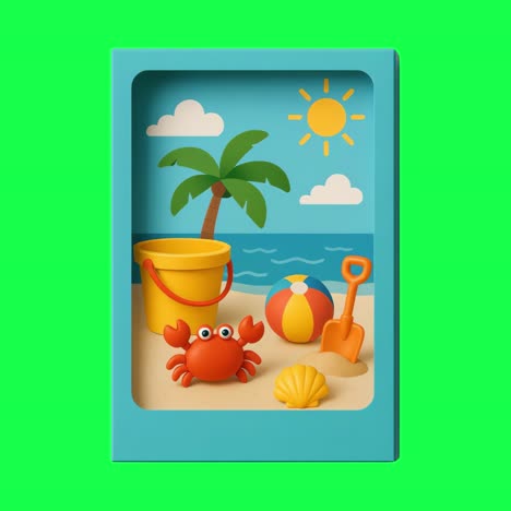 colorful beach-themed playful illustration animation, transparent 4k video, green screen