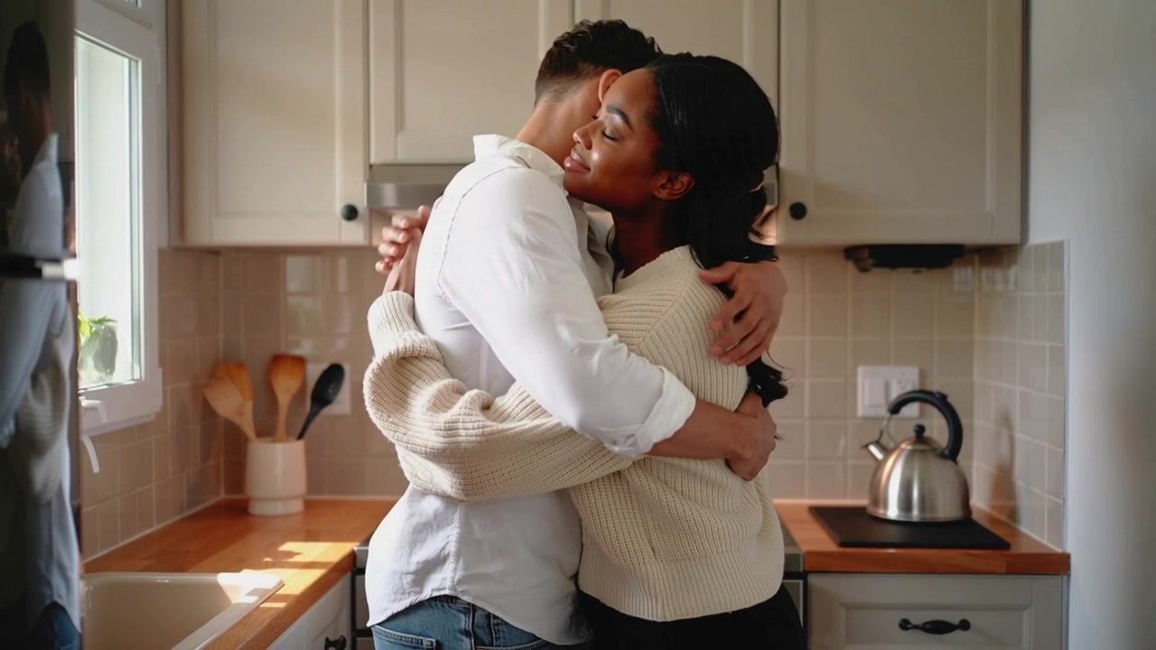 Touching foreheads, two adults hugging in compact kitchen near kettle, seeking comfort