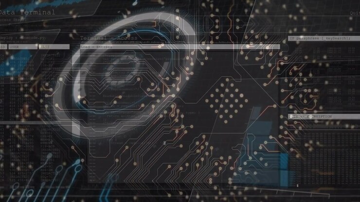 Animation of computer circuit board over scope scanning and data processing on black background