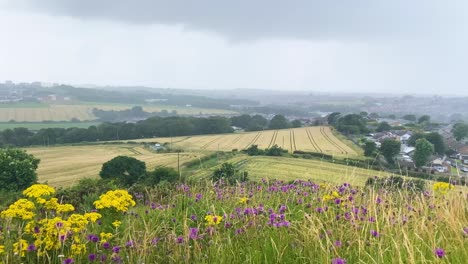 a vast county side view in a summer rain storm from a hilltop