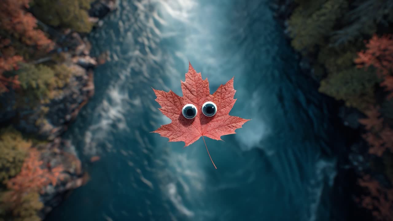 Una foglia bizzarra con occhi mobili che galleggia sopra un fiume tranquillo, circondata da un vibrante fogliame autunnale e acque limpide e blu, catturando un momento dell'incanto della natura.