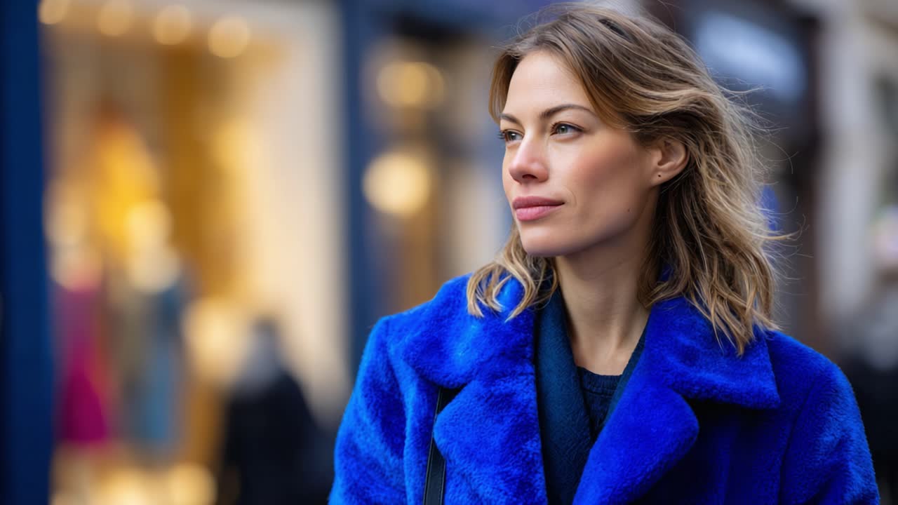 A Fashionable Woman in a Vibrant Blue Coat Stands Confidently Outside a Store, Emphasizing Urban Style and Individuality with Elegance and Poise