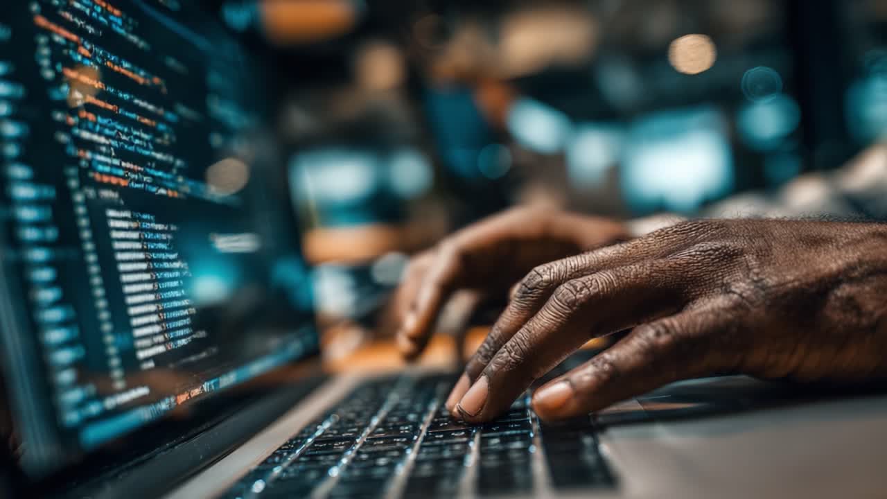Engaging in Coding: A Focused Programmer Typing on a Laptop with Lines of Code on the Screen, Capturing the Essence of Modern Technology and Software Development