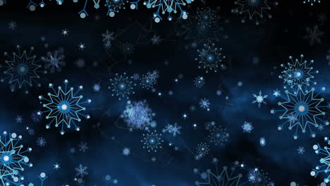 animation of christmas snowflakes falling on dark blue background