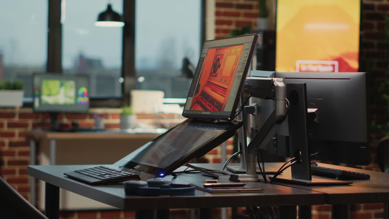 Empty creative agency studio filled with workstations to create content