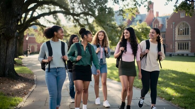 Walking six college women chatting on tree-lined walkway wearing gray sweater, carrying backpacks