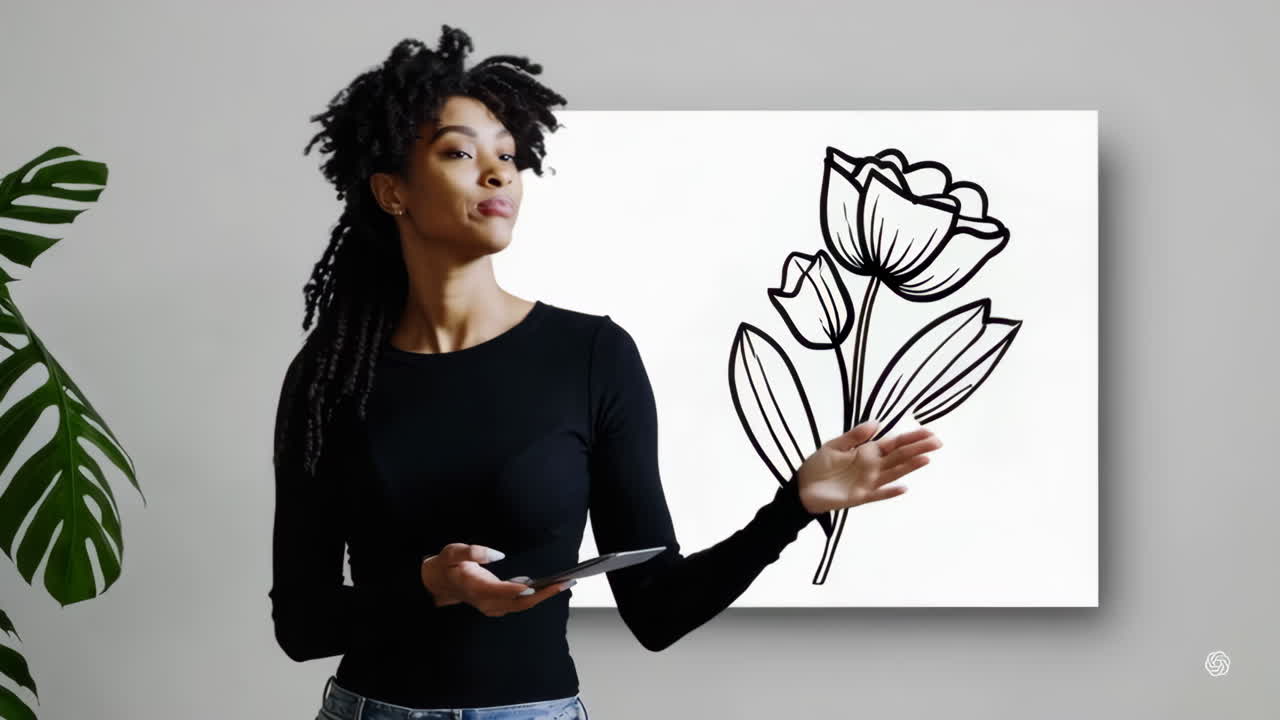 Woman presenting botanical line art drawings