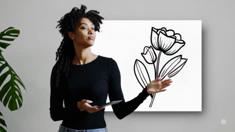 woman presenting botanical line art drawings