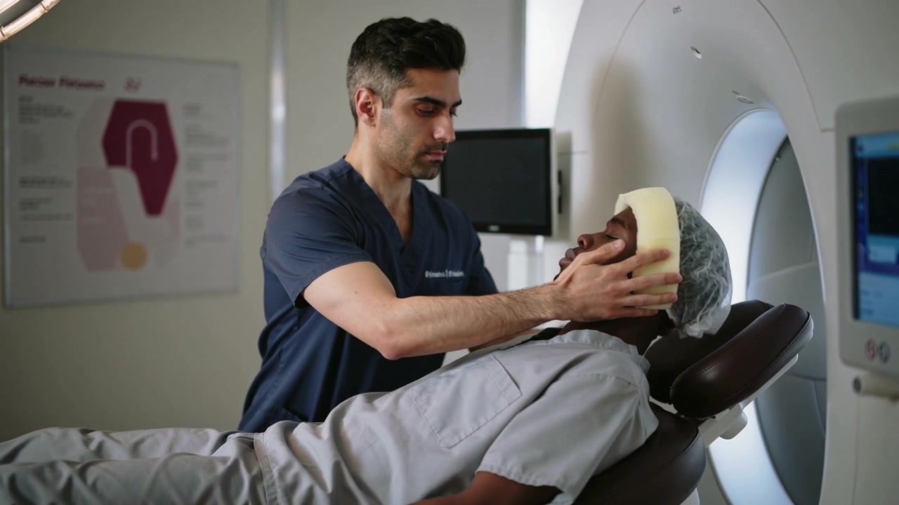 Clinico in camice che prepara un paziente per la TAC, regolando la testa in ospedale e allineando il supporto in schiuma.