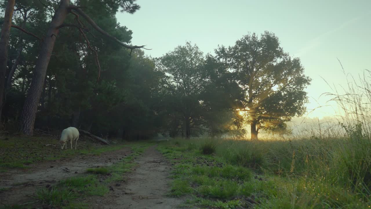 amanecer brumoso en un bosque con ovejas