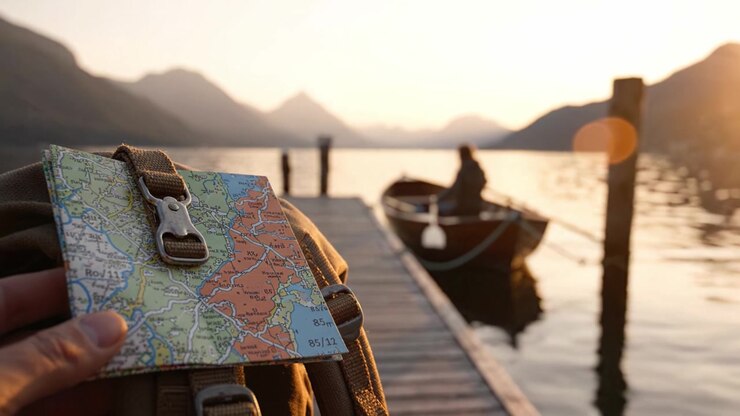 Eine ruhige Sonnenuntergangsszene mit einer Hand, die eine Karte hält, während ein einsames Boot in den stillen Gewässern treibt, fängt die Essenz von Entdeckung und der Schönheit der Natur ein.