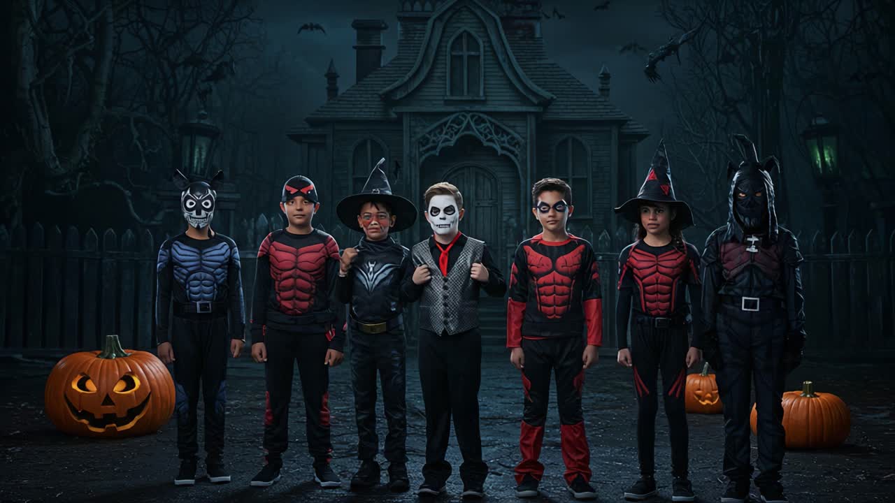A Spooktacular Gathering of Young Trick-or-Treaters in Costumes at a Haunted Mansion: Embracing the Halloween Spirit with Creativity and Fun