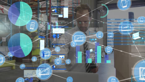 Animation-of-infographic-interface,-icons-connected-by-lines,-caucasian-man-scanning-barcode-on-box