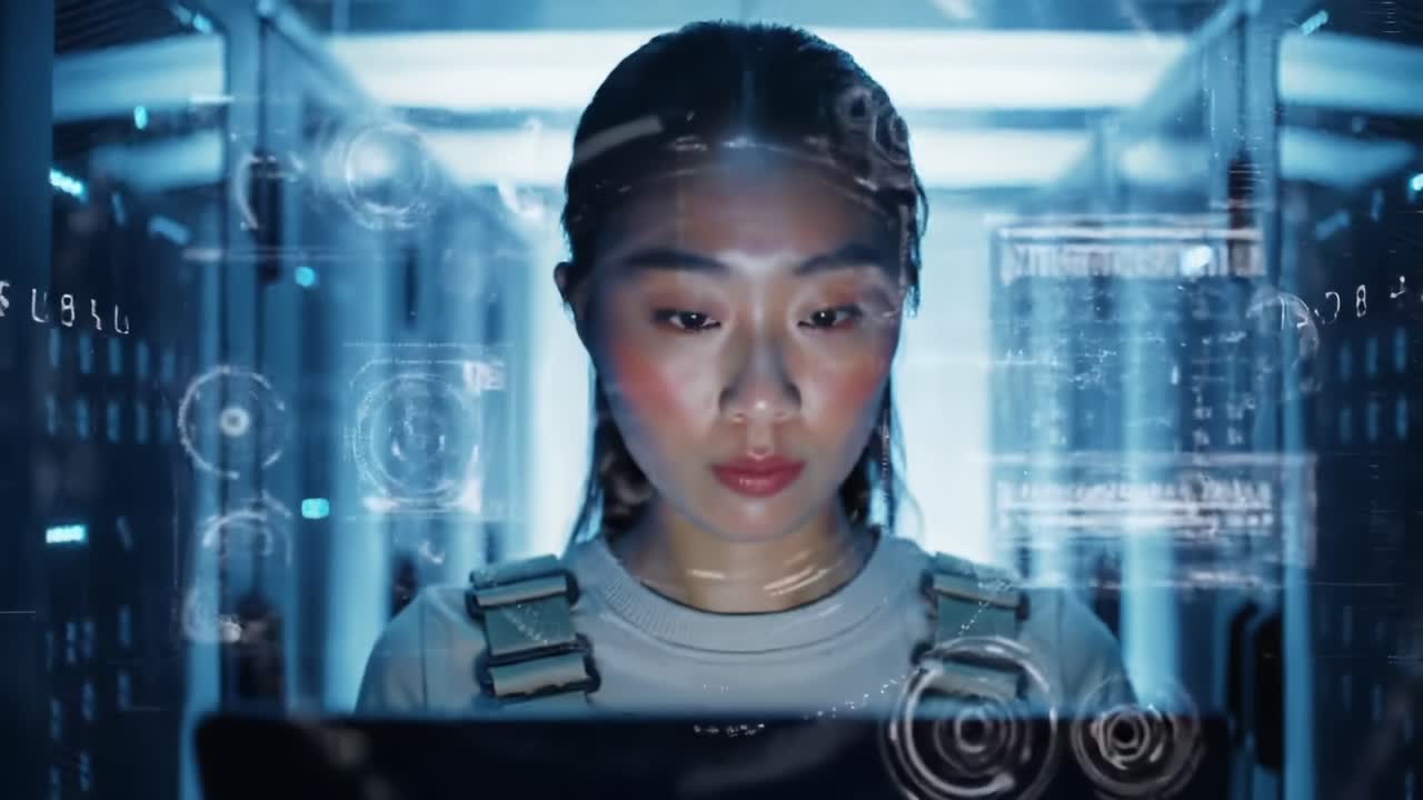 Futuristic Scene Featuring a Focused Individual Analyzing Data on a Digital Display in a High-Tech Environment with Advanced Visualizations
