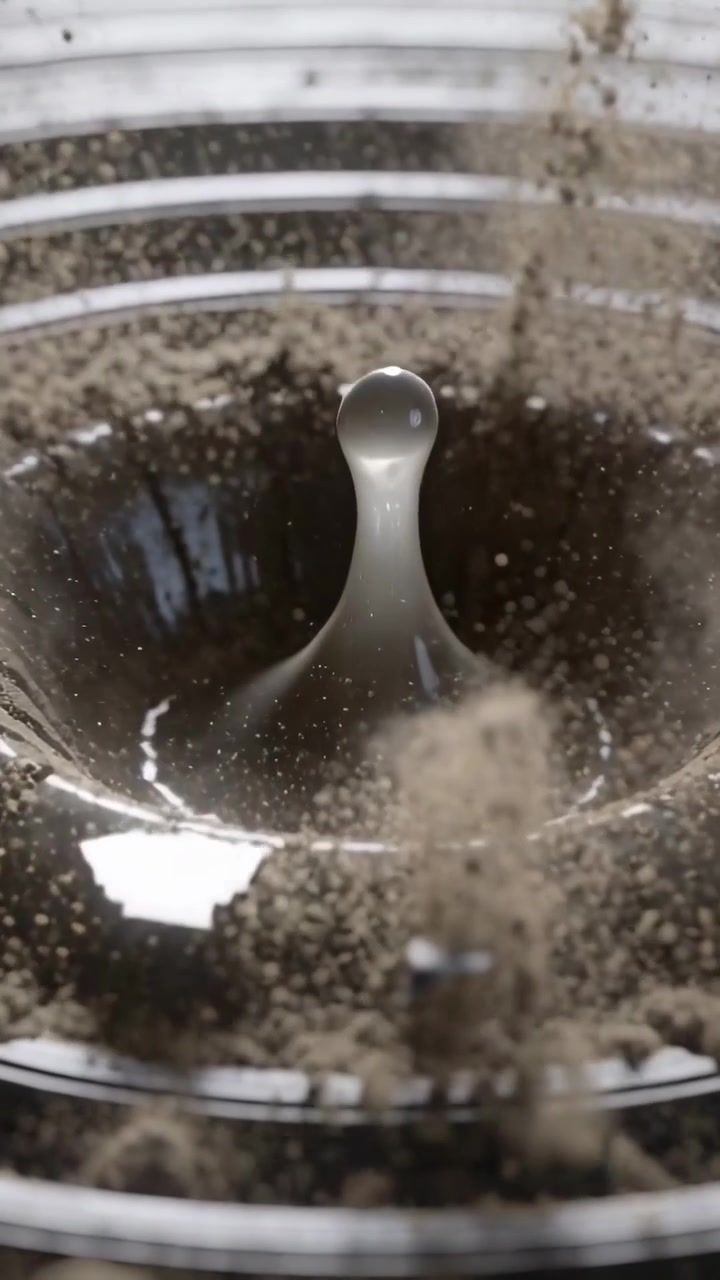 Video verticale: Piccola goccia trasparente che impatta, facendo salire un getto di liquido in un bicchiere scanalato, con polvere