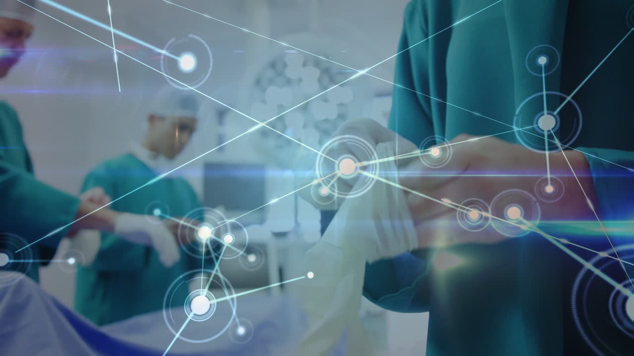 병원에서 수술 장갑을 입은 외과 의사의 중간 섹션에 대한 연결의 반이는 네트워크