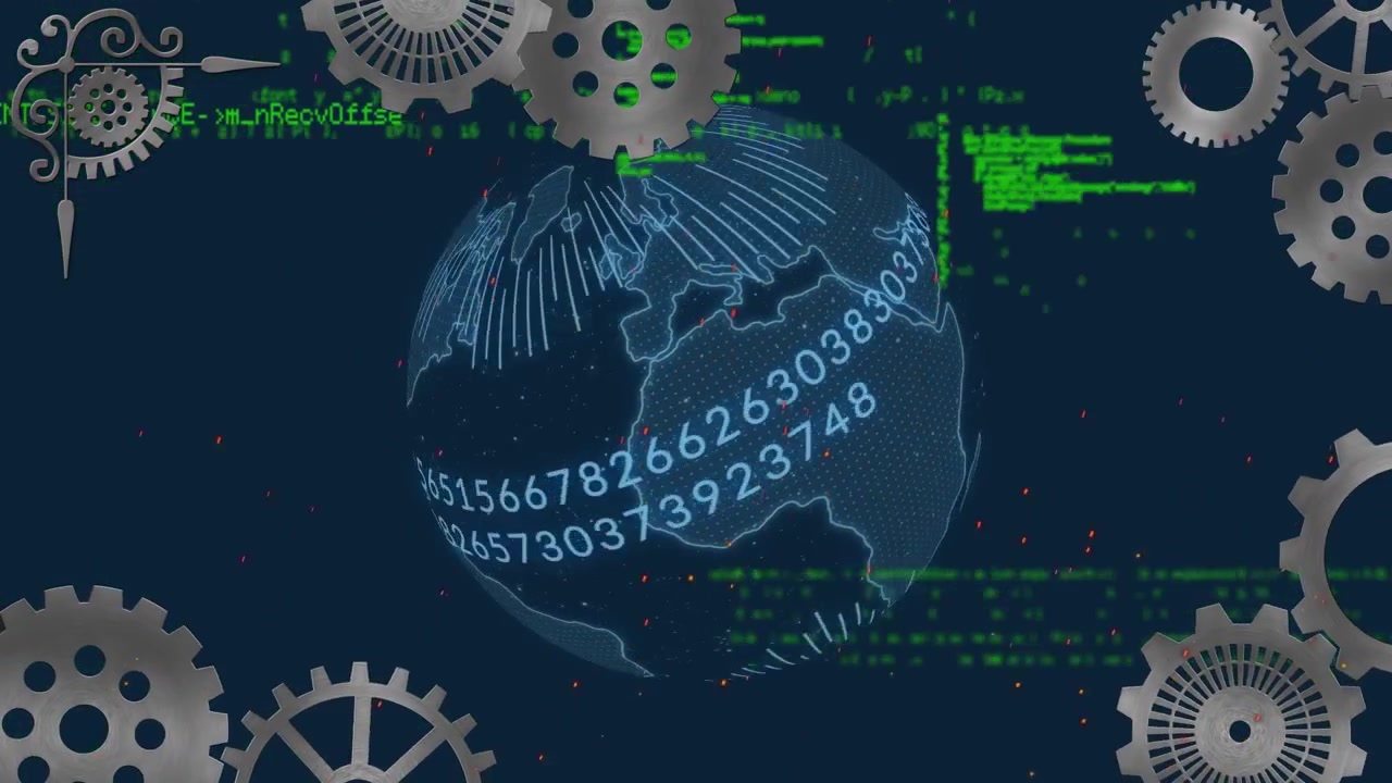 Animazione di ingranaggi in movimento e un globo su un processo di elaborazione dati su sfondo blu.
