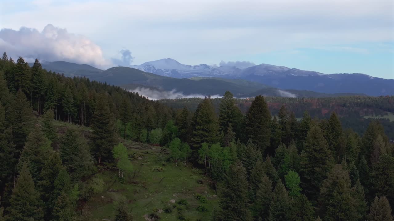 Spring Summer Mt Mount Blue Sky Evergreen Colorado aerial drone morning rain fog sunny cloudy Indian Hills Morrison Marshdale Genesse pine aspen forest snow melt Rocky Mountains peak parallax right