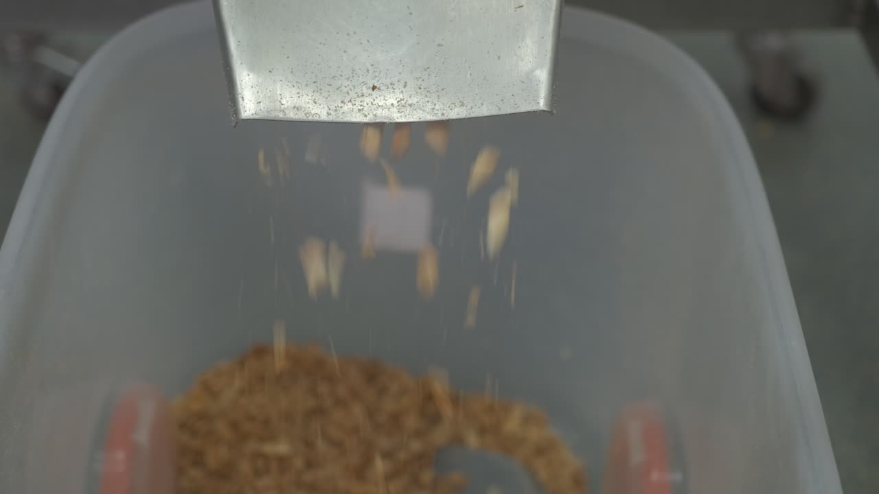 으깬 아몬드가 쏟아져 나올 때 산업용 아몬드 분쇄기의 주둥이 클로즈업