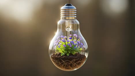 a stunning light bulb design enclosing vibrant flowers and soil, merging nature and creativity in a unique decorative element