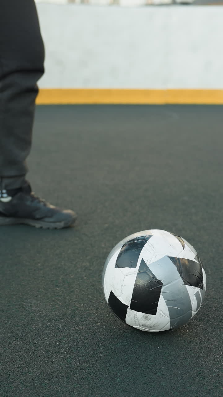 vista parcial de un atleta en posición de cuclillas con las manos juntas, realizando un entrenamiento intenso en un campo deportivo al aire libre, con una pelota de fútbol en el suelo