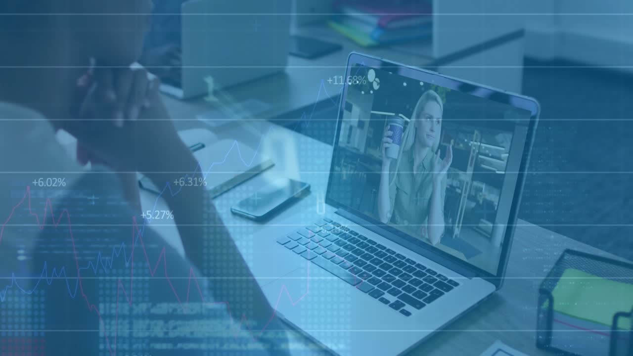 Male colleague connecting conference call, showing charts, code and metrics overlays