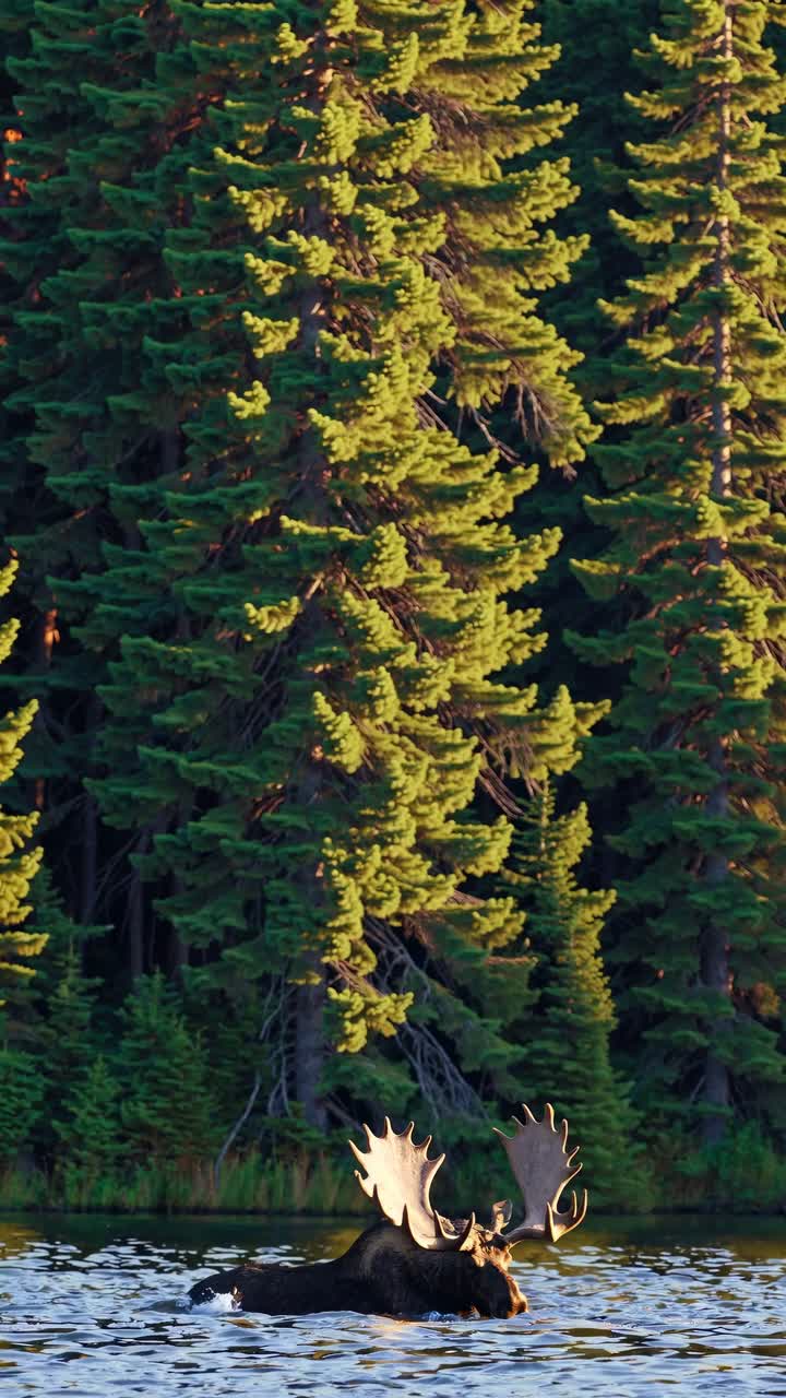 A majestic moose wades through a serene lake, surrounded by towering pine trees