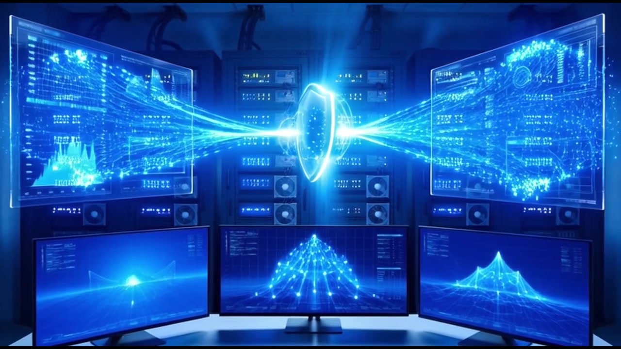 Cybersecurity Shield Protecting Data in a High-Tech Server Room