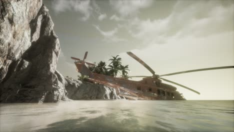 old rusted military helicopter near the island