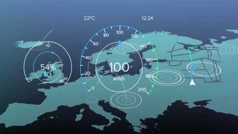 Animation-Des-Tachometers-Und-Des-Batteriestands-über-Der-Europakarte