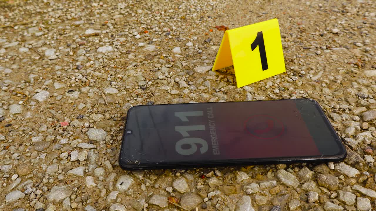 Close up view of a modern smartphone calling 911 emergency number at a crime scene next to a police investigation crime numbered marker on muddy wet gravel mud road ground during day time