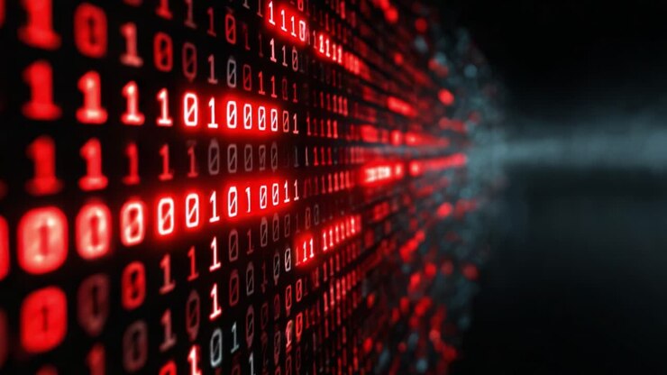 A Dynamic Visual Representation of Binary Code Illuminated in Red, Showcasing the Intersection of Technology and Data Processing in a Digital Landscape