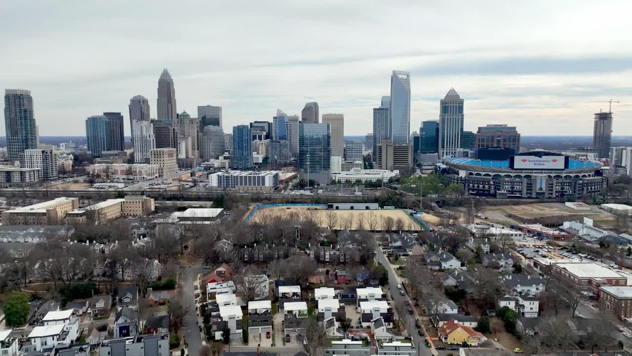 push in aerial to charlotte nc, north carolina skyline