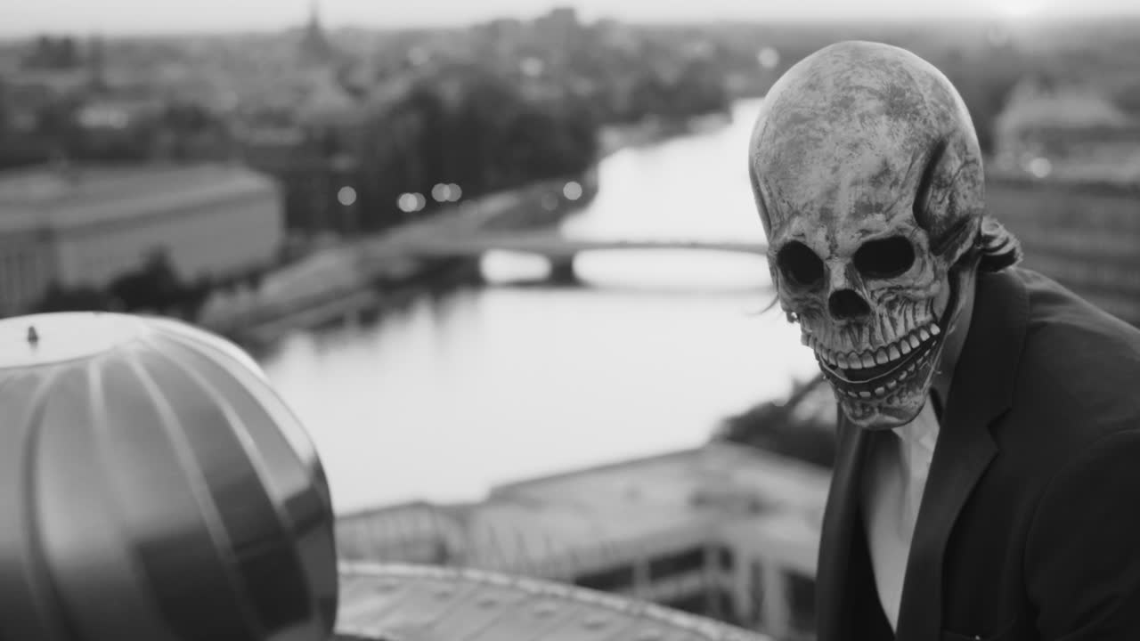 Persona con maschera a teschio su un tetto che domina un paesaggio urbano