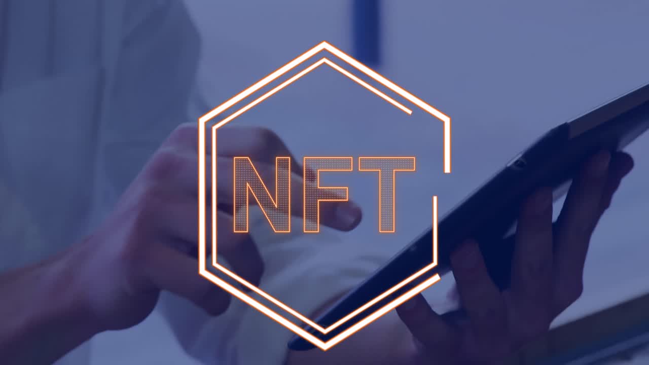 Animation of nft in hexagon over hands of caucasian man using tablet