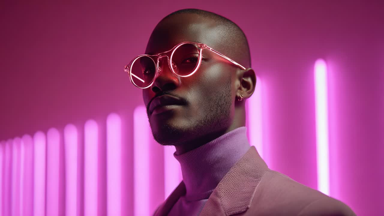 Stylish Individual Posing with Trendy Pink Sunglasses Against a Vibrant Magenta Background, Highlighting Contemporary Fashion and Bold Expressions in a Captivating Atmosphere
