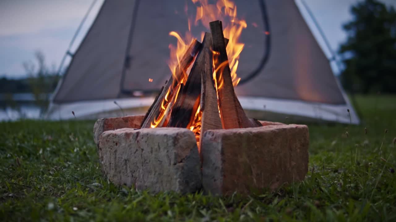 Nærbillede af lejrbål med lyse flammer på græsklædt jord nær telt og rolig sø ved solnedgang, der fanger en fredelig udendørs campingatmosfære i Savci, Slovenien