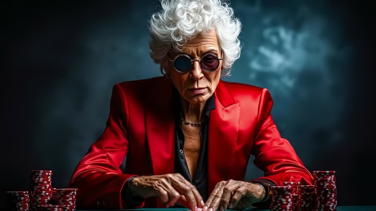 A man in a red suit and sunglasses playing poker