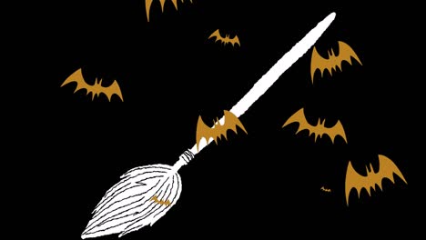 animation of flying bats over broomstick on dark background