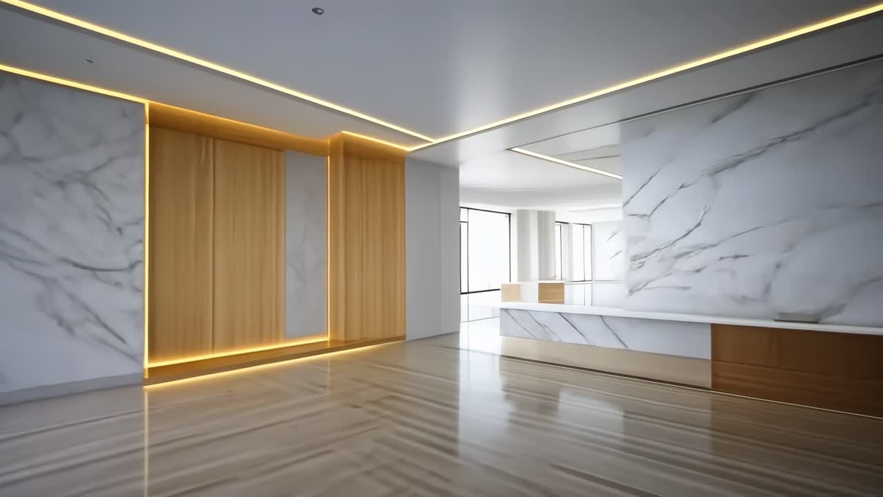 Minimalist interior with marble walls and wooden floors, captured from a wide-angle perspective