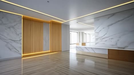 minimalist interior with marble walls and wooden floors, captured from a wide-angle perspective