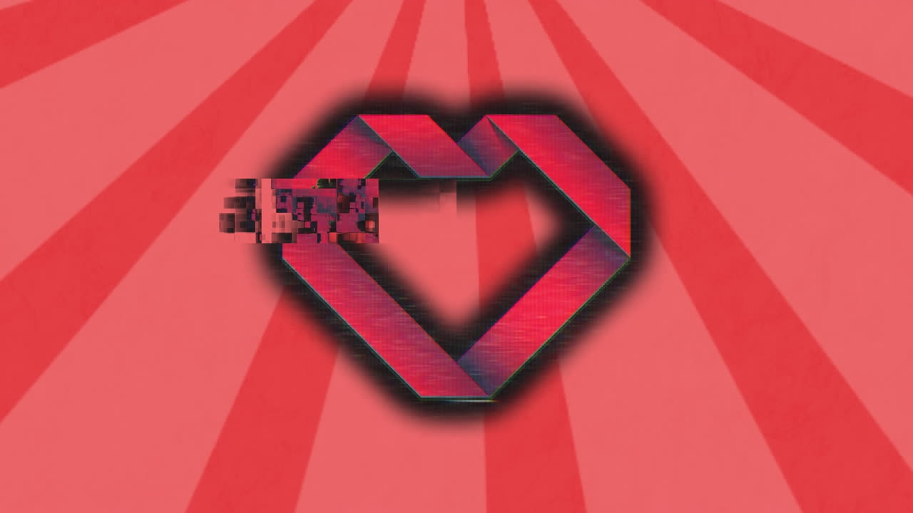 animación del efecto glitch sobre el icono de corazón abstracto contra un fondo radial rosado