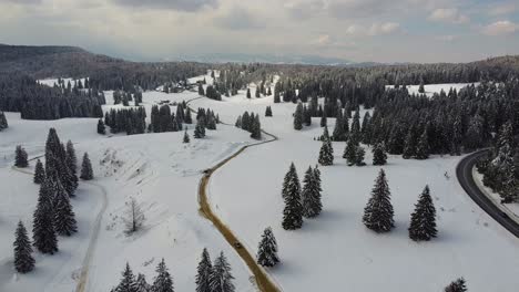 aerial view of a winter mountain landscape road