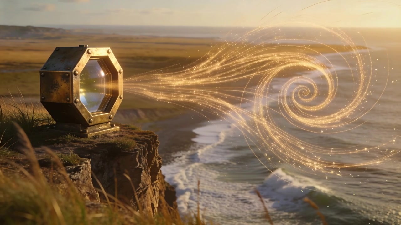 Glowing lens sparking 8-side brass device aiming light, forming vortex over sea at cliff