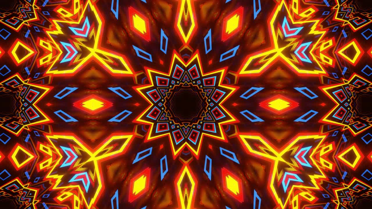 patrón de brillo con simetría de estrellas. diseño de movimiento de bucle vj fondo de caleidoscopio. resumen gráficos de movimiento bg construcción caleidoscópica de brillo simétrico 3d. club nocturno vj. fondo de ciencia ficción.