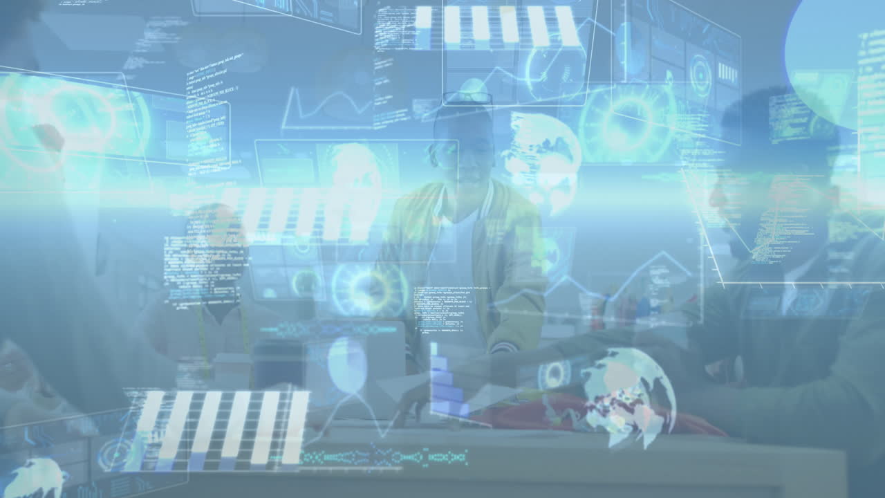 사무실에서 회의를 하는 다양한 사업가들에 대한 데이터 처리의 애니메이션