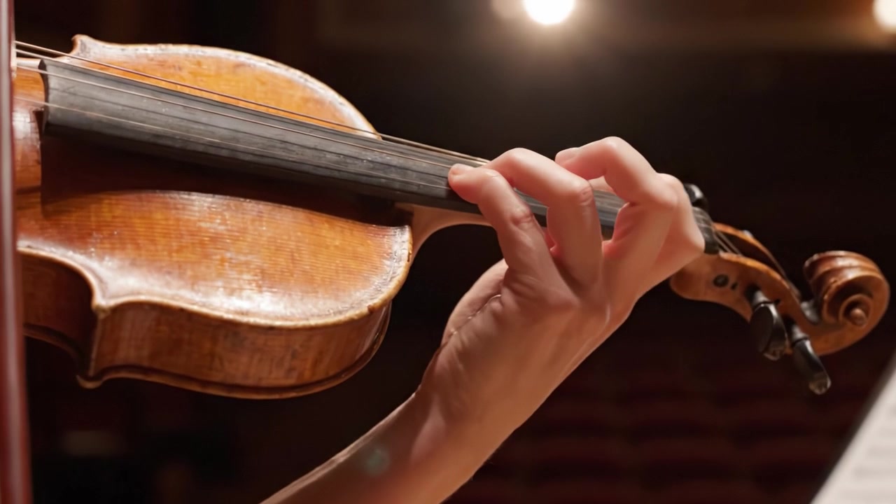 Una performance appassionata: Primo piano della mano di un musicista che suona abilmente il violino in un contesto di concerto, con illuminazione calda e uno sfondo ricco.
