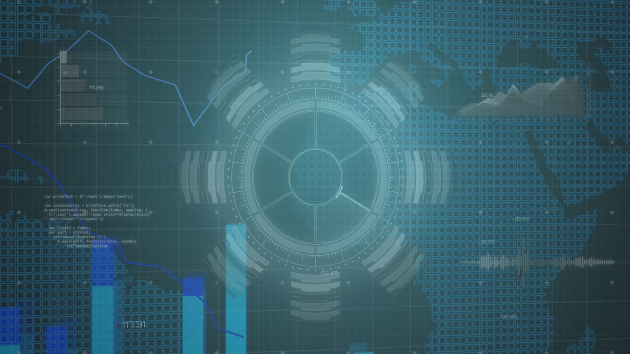 animación de procesamiento de datos y escaneo de alcance sobre el mapa del mundo en fondo negro