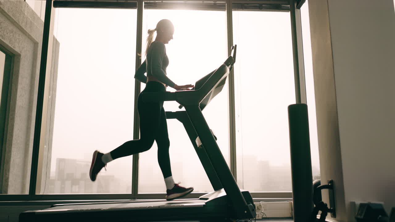 체육관, 건강하거나 트레드밀 기계에서 달리는 여성